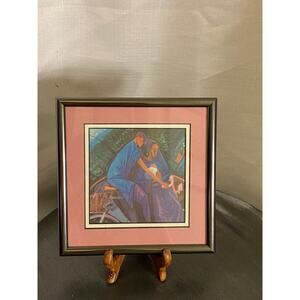 Pro - Framed Wall Art 6 X 6 in. Man, Woman, Child on Bicycle Double matted EUC